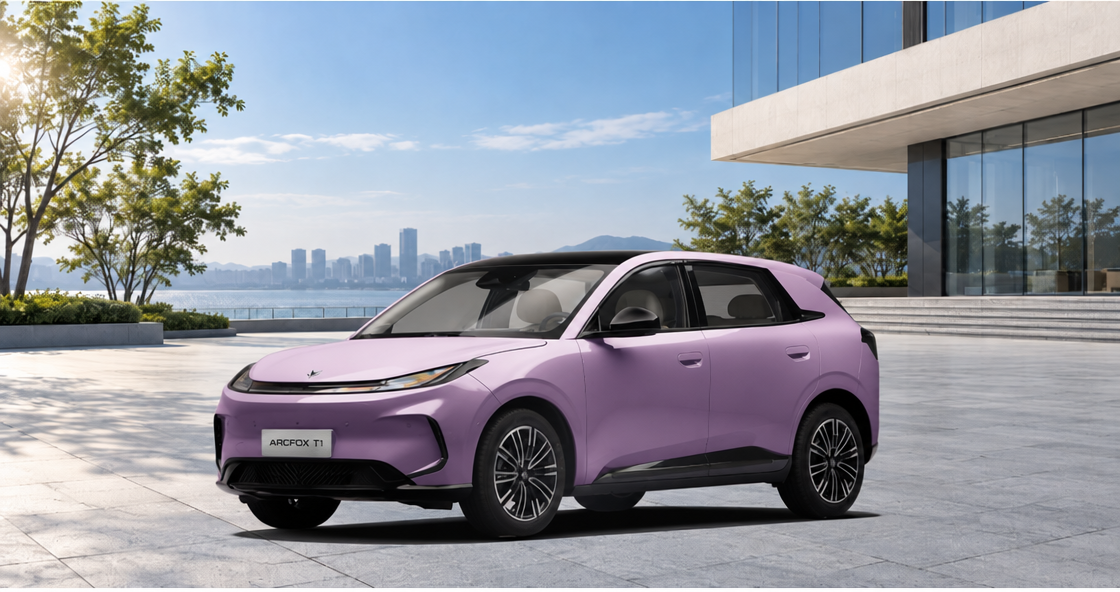 Purple ARCFOX T1 parked by a waterfront